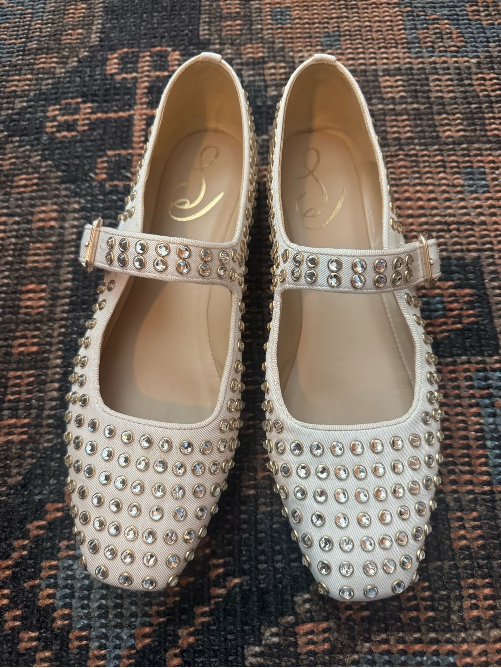 Sam Edelman Cream Mary Jane Flats with Sparkling Studs